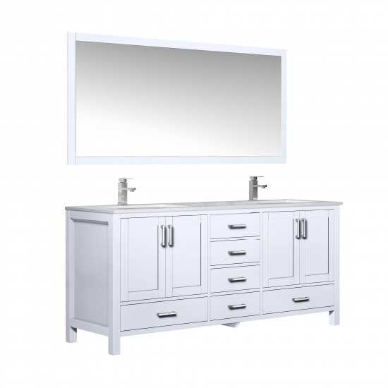 Jacques 72" White Double Vanity, White Carrara Marble Top, White Square Sinks and 70" Mirror w/ Faucets
