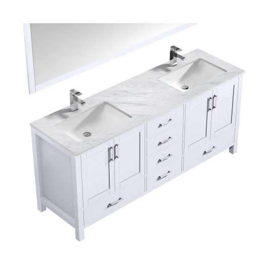 Jacques 72" White Double Vanity, White Carrara Marble Top, White Square Sinks and 70" Mirror w/ Faucets