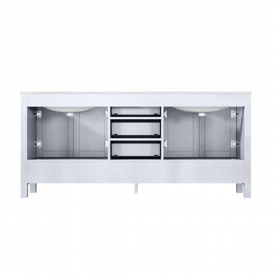 Jacques 72" White Double Vanity, White Carrara Marble Top, White Square Sinks and 70" Mirror w/ Faucets