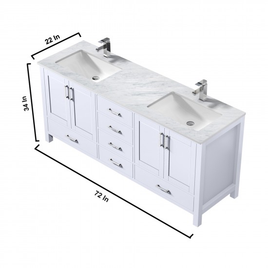 Jacques 72" White Double Vanity, White Carrara Marble Top, White Square Sinks and 70" Mirror w/ Faucets