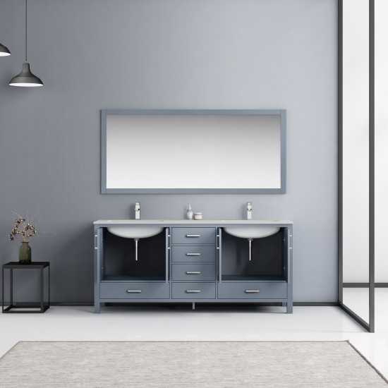 Jacques 72" Dark Grey Double Vanity, White Carrara Marble Top, White Square Sinks and 70" Mirror w/ Faucets