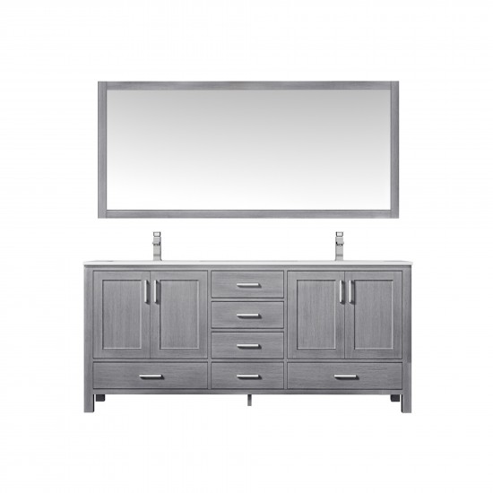 Jacques 72" Distressed Grey Double Vanity, White Carrara Marble Top, White Square Sinks and 70" Mirror w/ Faucets