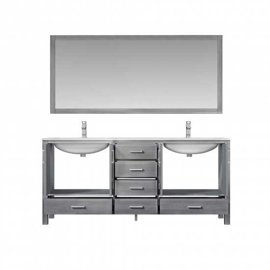 Jacques 72" Distressed Grey Double Vanity, White Carrara Marble Top, White Square Sinks and 70" Mirror w/ Faucets