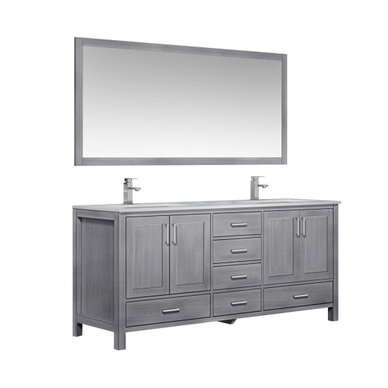 Jacques 72" Distressed Grey Double Vanity, White Carrara Marble Top, White Square Sinks and 70" Mirror w/ Faucets