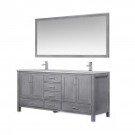 Jacques 72" Distressed Grey Double Vanity, White Carrara Marble Top, White Square Sinks and 70" Mirror w/ Faucets