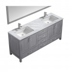 Jacques 72" Distressed Grey Double Vanity, White Carrara Marble Top, White Square Sinks and 70" Mirror w/ Faucets