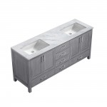 Jacques 72" Distressed Grey Double Vanity, White Carrara Marble Top, White Square Sinks and no Mirror