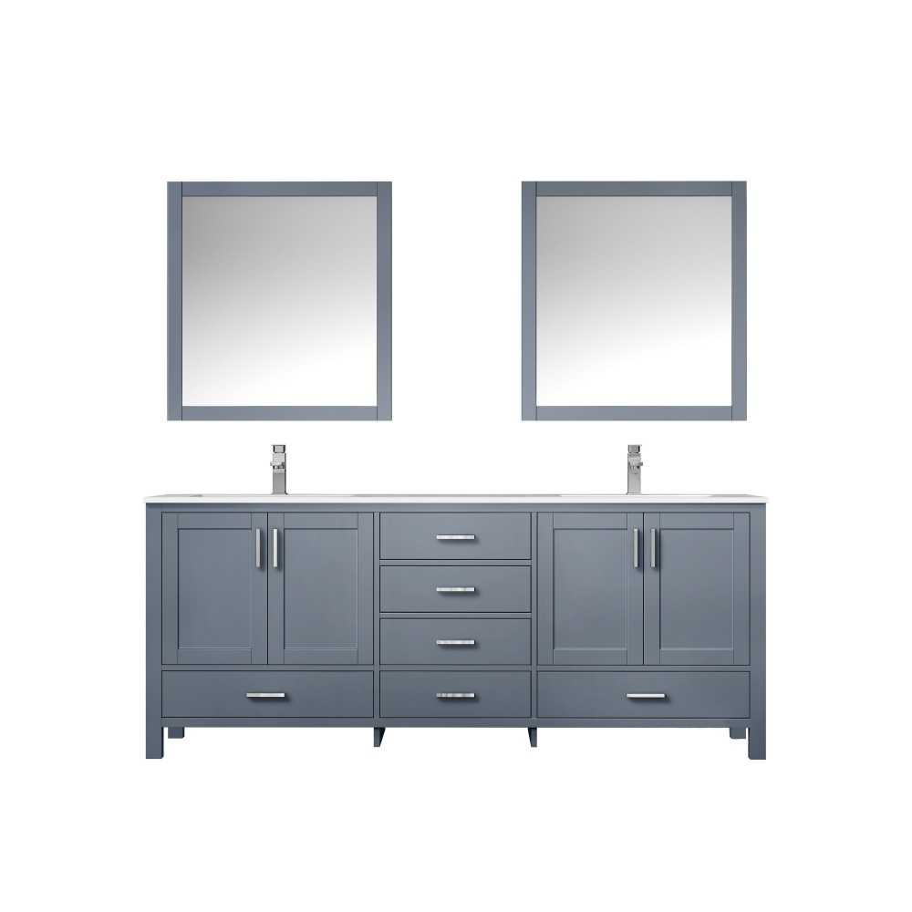 Jacques 80" Dark Grey Double Vanity, White Carrara Marble Top, White Square Sinks and 30" Mirrors w/ Faucets