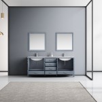 Jacques 80" Dark Grey Double Vanity, White Carrara Marble Top, White Square Sinks and 30" Mirrors w/ Faucets