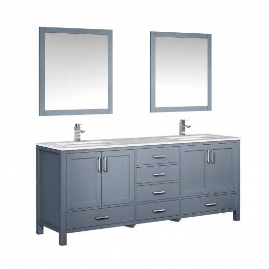 Jacques 80" Dark Grey Double Vanity, White Carrara Marble Top, White Square Sinks and 30" Mirrors w/ Faucets