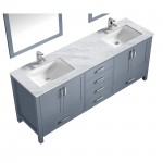 Jacques 80" Dark Grey Double Vanity, White Carrara Marble Top, White Square Sinks and 30" Mirrors w/ Faucets