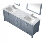 Jacques 80" Dark Grey Double Vanity, White Carrara Marble Top, White Square Sinks and 30" Mirrors w/ Faucets