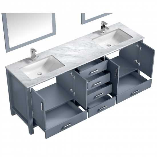 Jacques 80" Dark Grey Double Vanity, White Carrara Marble Top, White Square Sinks and 30" Mirrors w/ Faucets