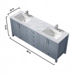 Jacques 80" Dark Grey Double Vanity, White Carrara Marble Top, White Square Sinks and 30" Mirrors w/ Faucets