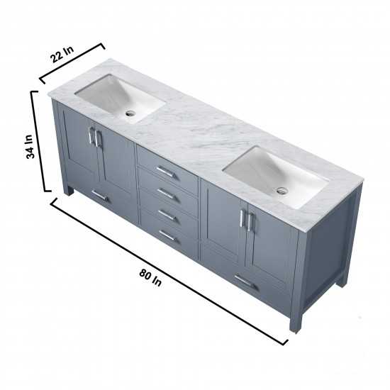 Jacques 80" Dark Grey Double Vanity, White Carrara Marble Top, White Square Sinks and no Mirror