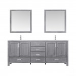 Jacques 80" Distressed Grey Double Vanity, White Carrara Marble Top, White Square Sinks and 30" Mirrors w/ Faucets