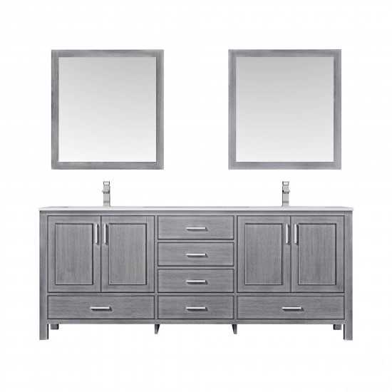 Jacques 80" Distressed Grey Double Vanity, White Carrara Marble Top, White Square Sinks and 30" Mirrors w/ Faucets