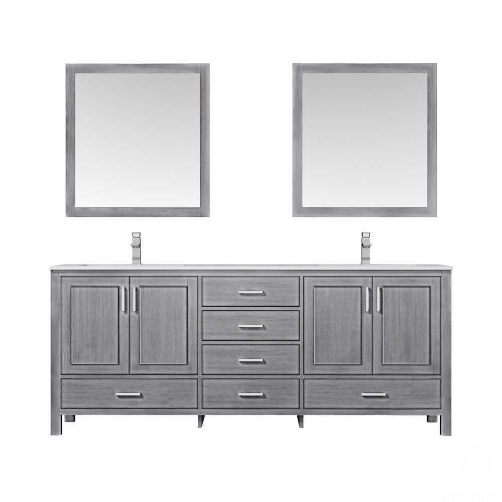 Jacques 80" Distressed Grey Double Vanity, White Carrara Marble Top, White Square Sinks and 30" Mirrors w/ Faucets Jacques 80" Distressed Grey Double Vanity, White Carrara Marble Top, White Square Sinks and 30" Mirrors w/ Faucets