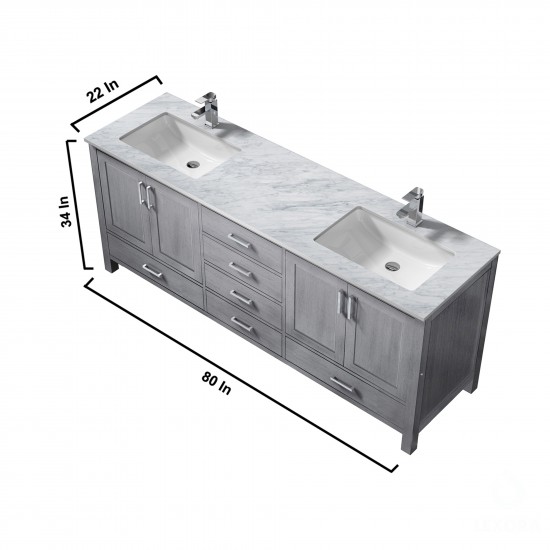 Jacques 80" Distressed Grey Double Vanity, White Carrara Marble Top, White Square Sinks and 30" Mirrors w/ Faucets