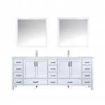 Jacques 84" White Double Vanity, White Carrara Marble Top, White Square Sinks and 34" Mirrors w/ Faucets