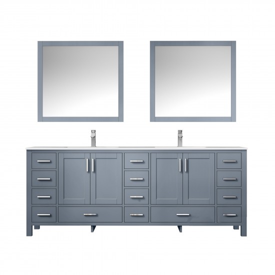 Jacques 84" Dark Grey Double Vanity, White Carrara Marble Top, White Square Sinks and 34" Mirrors w/ Faucets