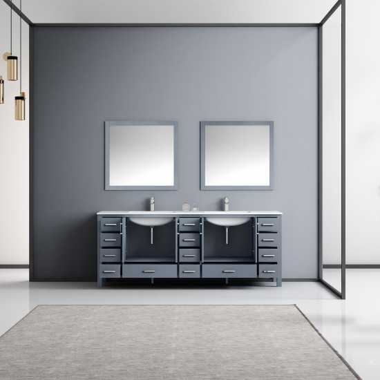 Jacques 84" Dark Grey Double Vanity, White Carrara Marble Top, White Square Sinks and 34" Mirrors w/ Faucets