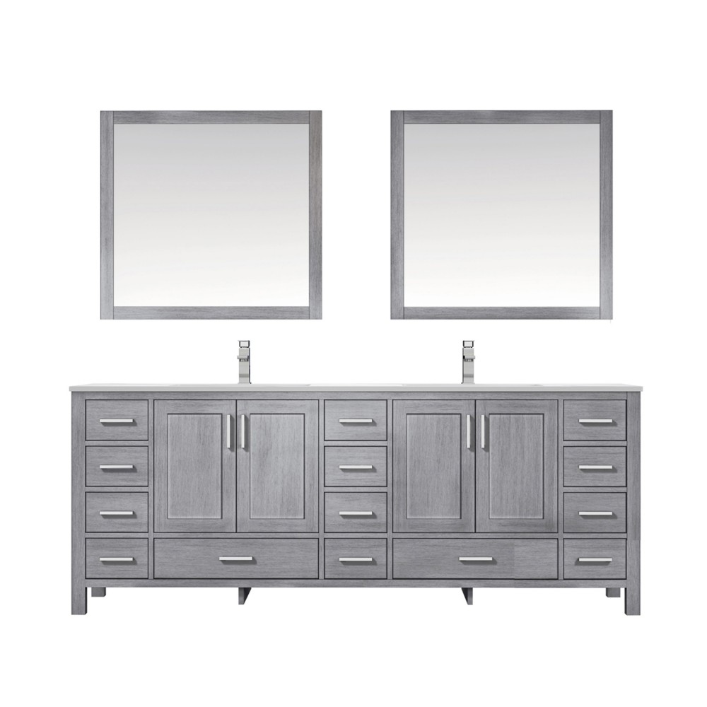 Jacques 84" Distressed Grey Double Vanity, White Carrara Marble Top, White Square Sinks and 34" Mirrors w/ Faucets Jacques 84" Distressed Grey Double Vanity, White Carrara Marble Top, White Square Sinks and 34" Mirrors w/ Faucets