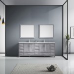 Jacques 84" Distressed Grey Double Vanity, White Carrara Marble Top, White Square Sinks and 34" Mirrors w/ Faucets
