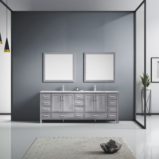 Jacques 84" Distressed Grey Double Vanity, White Carrara Marble Top, White Square Sinks and 34" Mirrors w/ Faucets