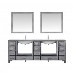 Jacques 84" Distressed Grey Double Vanity, White Carrara Marble Top, White Square Sinks and 34" Mirrors w/ Faucets