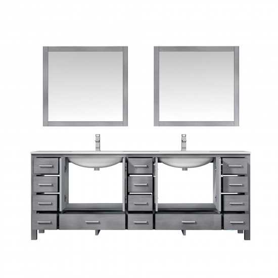 Jacques 84" Distressed Grey Double Vanity, White Carrara Marble Top, White Square Sinks and 34" Mirrors w/ Faucets