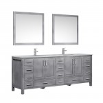 Jacques 84" Distressed Grey Double Vanity, White Carrara Marble Top, White Square Sinks and 34" Mirrors w/ Faucets
