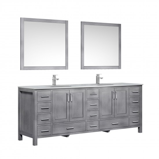 Jacques 84" Distressed Grey Double Vanity, White Carrara Marble Top, White Square Sinks and 34" Mirrors w/ Faucets
