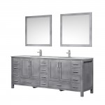 Jacques 84" Distressed Grey Double Vanity, White Carrara Marble Top, White Square Sinks and 34" Mirrors w/ Faucets