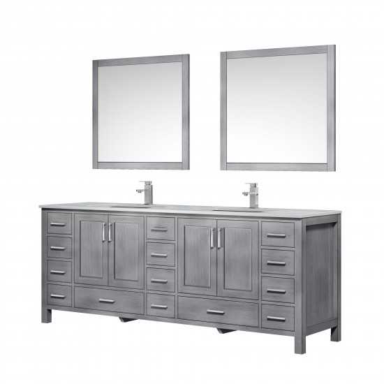 Jacques 84" Distressed Grey Double Vanity, White Carrara Marble Top, White Square Sinks and 34" Mirrors w/ Faucets