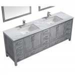 Jacques 84" Distressed Grey Double Vanity, White Carrara Marble Top, White Square Sinks and 34" Mirrors w/ Faucets