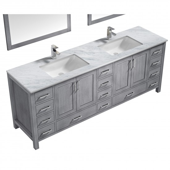 Jacques 84" Distressed Grey Double Vanity, White Carrara Marble Top, White Square Sinks and 34" Mirrors w/ Faucets