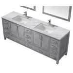 Jacques 84" Distressed Grey Double Vanity, White Carrara Marble Top, White Square Sinks and 34" Mirrors w/ Faucets