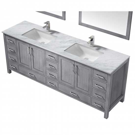 Jacques 84" Distressed Grey Double Vanity, White Carrara Marble Top, White Square Sinks and 34" Mirrors w/ Faucets