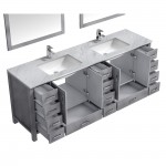 Jacques 84" Distressed Grey Double Vanity, White Carrara Marble Top, White Square Sinks and 34" Mirrors w/ Faucets