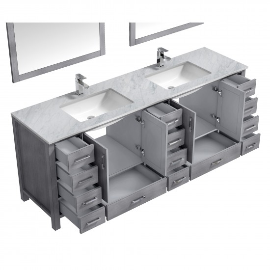 Jacques 84" Distressed Grey Double Vanity, White Carrara Marble Top, White Square Sinks and 34" Mirrors w/ Faucets
