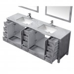 Jacques 84" Distressed Grey Double Vanity, White Carrara Marble Top, White Square Sinks and 34" Mirrors w/ Faucets