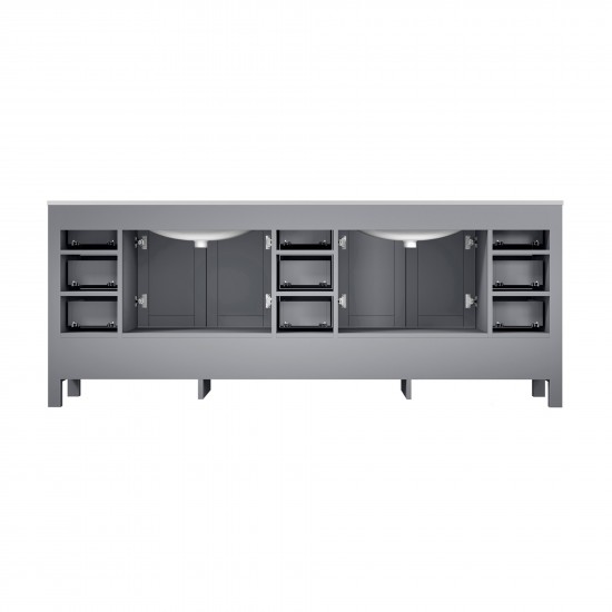 Jacques 84" Distressed Grey Double Vanity, White Carrara Marble Top, White Square Sinks and 34" Mirrors w/ Faucets