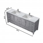 Jacques 84" Distressed Grey Double Vanity, White Carrara Marble Top, White Square Sinks and 34" Mirrors w/ Faucets