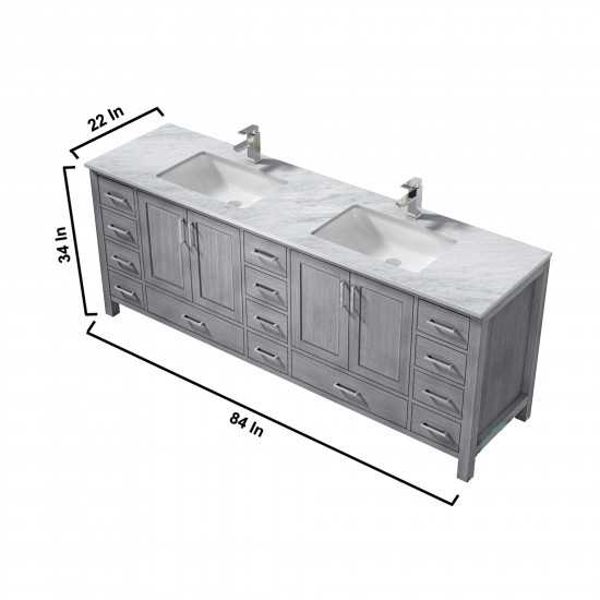 Jacques 84" Distressed Grey Double Vanity, White Carrara Marble Top, White Square Sinks and 34" Mirrors w/ Faucets