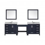 Jacques 102" Navy Blue Double Vanity w/ Make-up Table, White Carrara Marble Top, White Square Sink and 34" Mirror