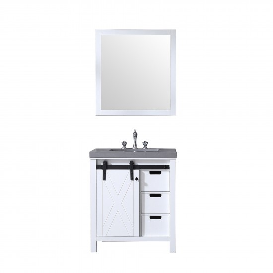 Marsyas 30" White Single Vanity, Grey Quartz Top, White Square Sink and 28" Mirror w/ Faucet