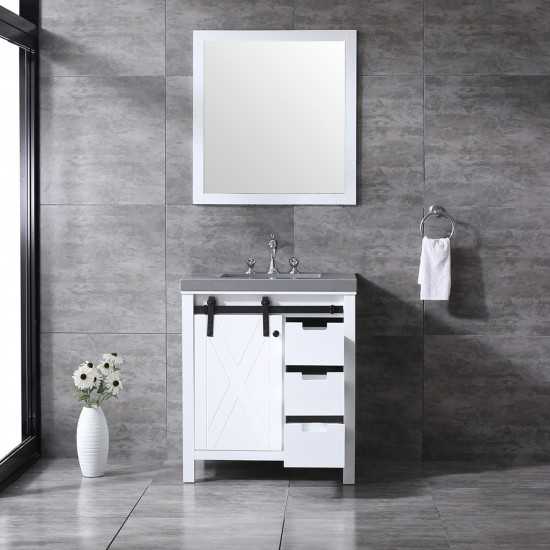 Marsyas 30" White Single Vanity, Grey Quartz Top, White Square Sink and 28" Mirror w/ Faucet