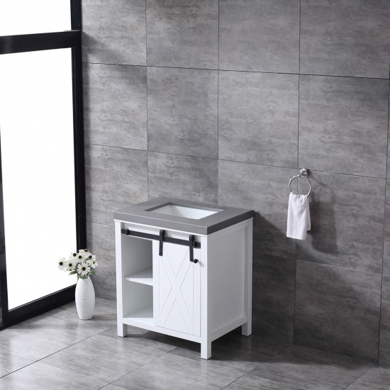 Marsyas 30" White Single Vanity, Grey Quartz Top, White Square Sink and no Mirror