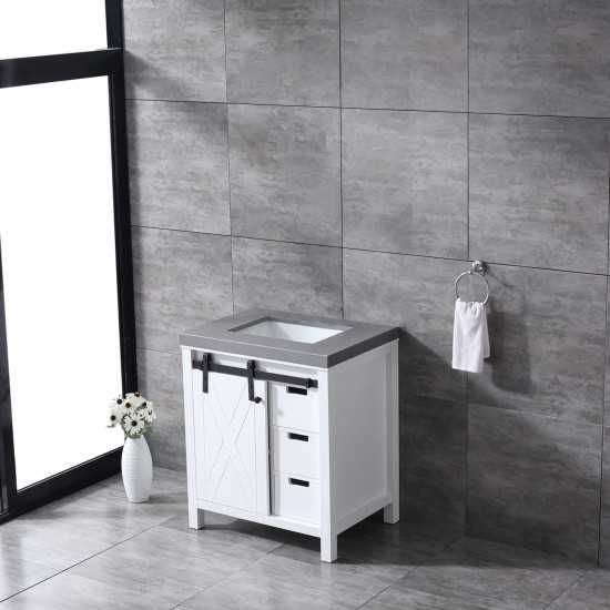 Marsyas 30" White Single Vanity, Grey Quartz Top, White Square Sink and no Mirror